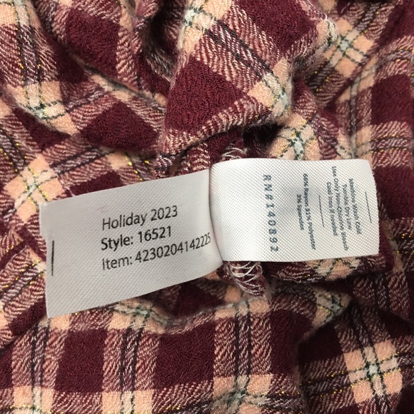 Marine Layer Jamie Ruffle Sleeve Plaid Top Burgundy Cream Size L Preppy Bohemian - Picture 8 of 8